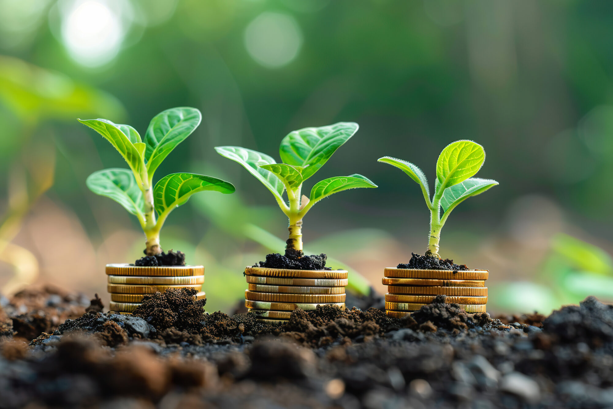 young plants growing on stacks of coins, symbolizing investment growth and sustainable finance (AdobeStock_1023711410)